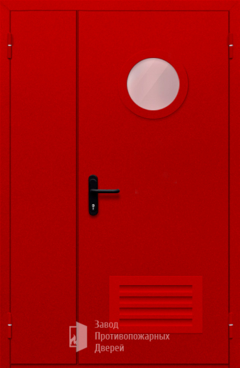 Фото двери «Полуторная с круглым стеклом и решеткой (красная)» в Электрогорску